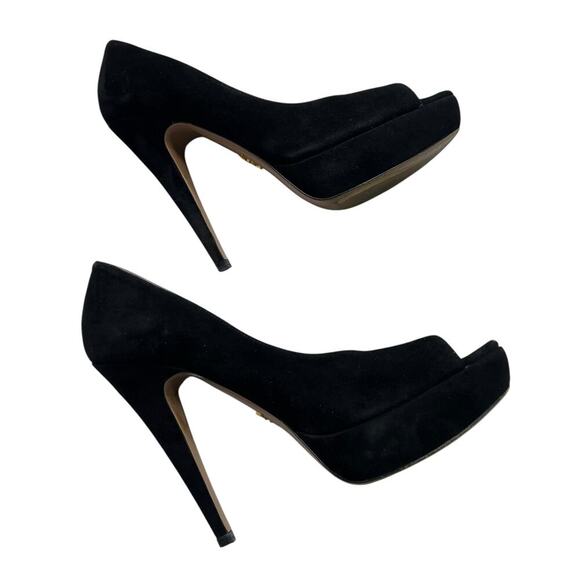 Prada Camoscio Chic Peep Toe Black Suede Platform Heels - 7.5 US / 38 - Picture 9 of 10